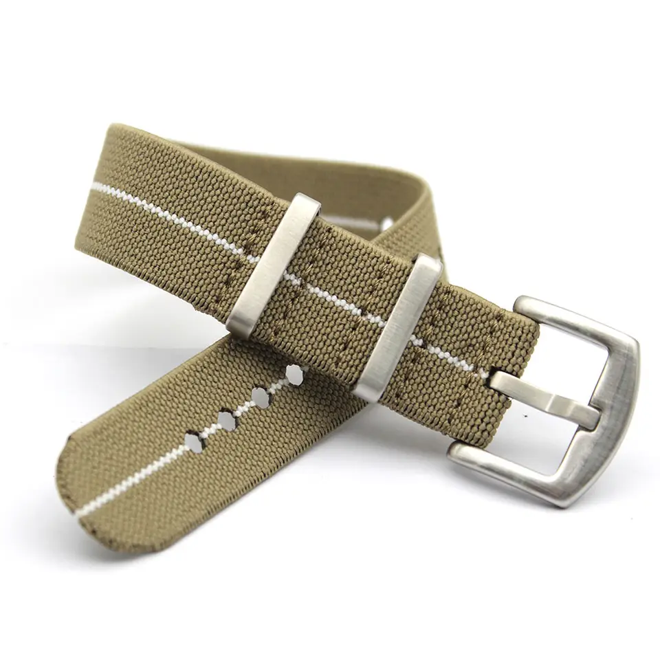 Khaki NATO-Strap med Hvit Stripe | Elastisk / Stretch | 20 mm og 22 mm